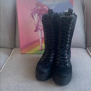Jeffrey Campbell Finnick black, lace-up lug platform leather & cow hair size 7